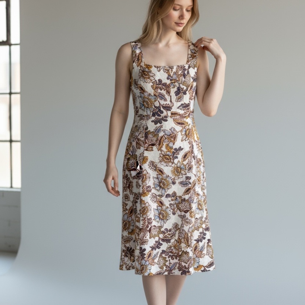 Old Navy Floral Midi Dress in Cream and Brown